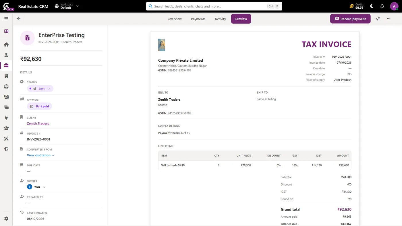 A GST tax invoice in Agoal CRM with line items, IGST and balance due