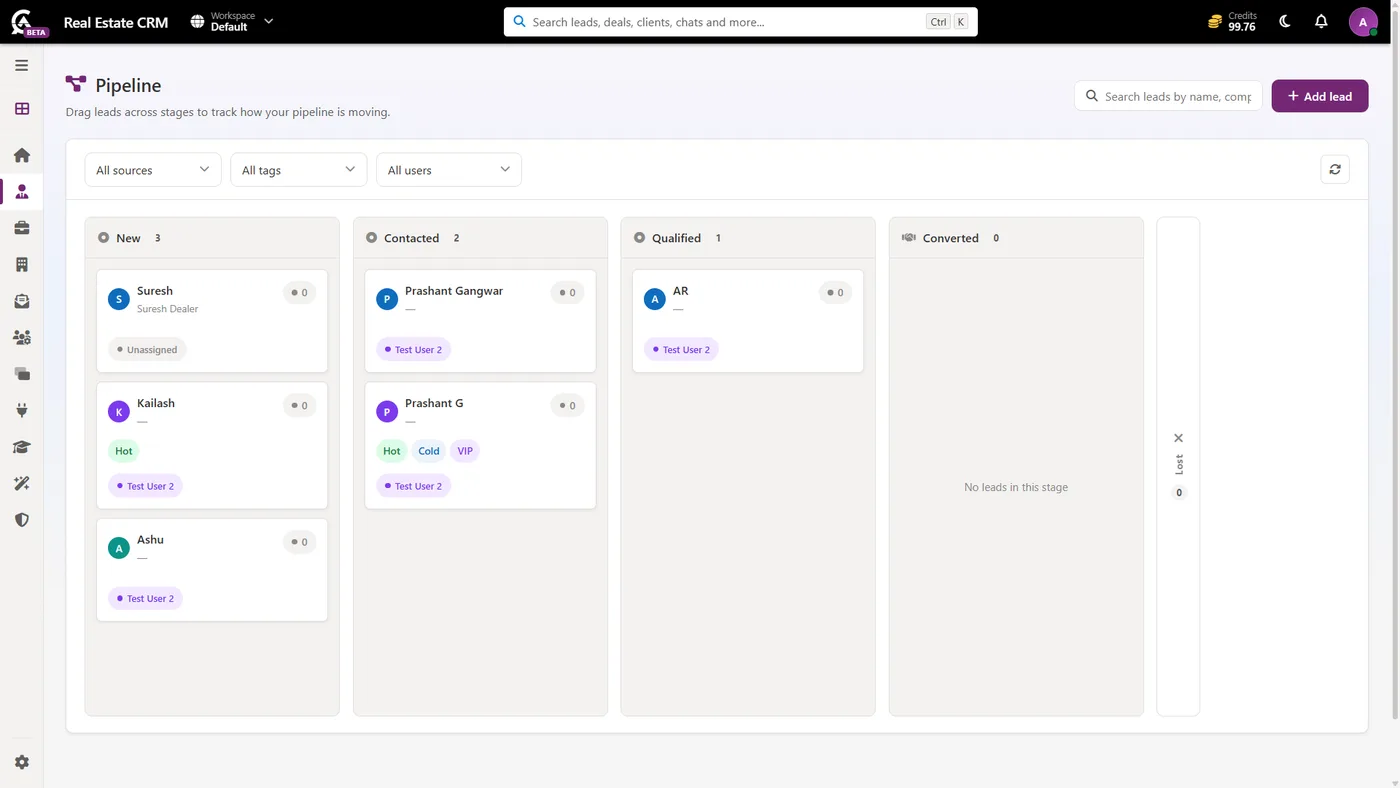 Agoal CRM Kanban pipeline with leads in New, Contacted, Qualified and Converted stages