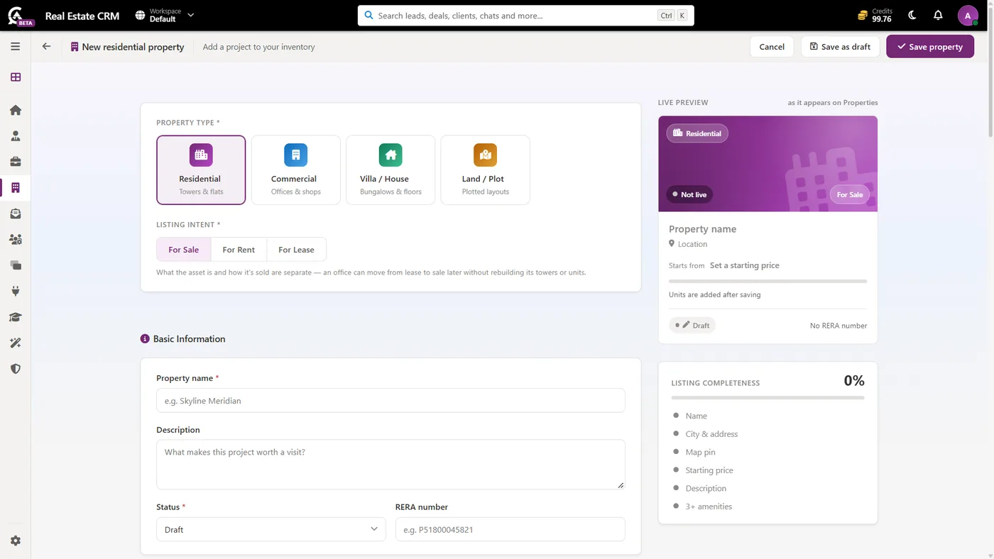 Agoal CRM form to add a residential property with a live listing preview