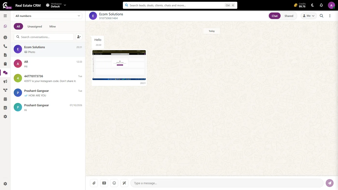 Agoal CRM WhatsApp inbox with a conversation list and a chat window